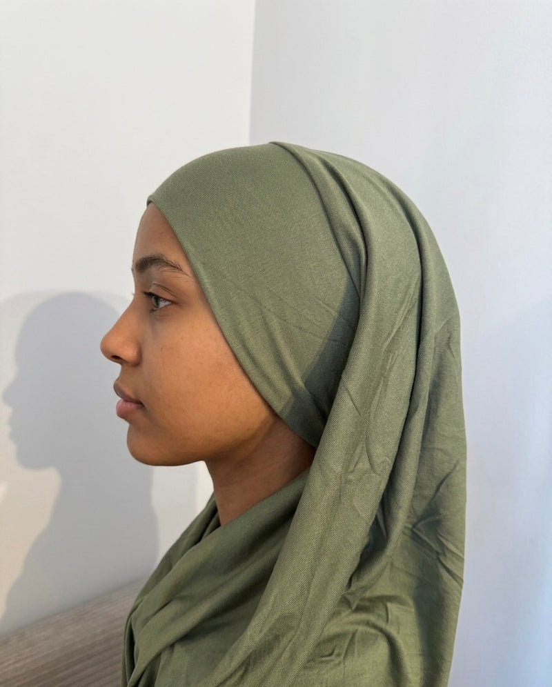 Hijab à enfiler bonnet intégré kaki 2 en 1 jersey coton Ronizz