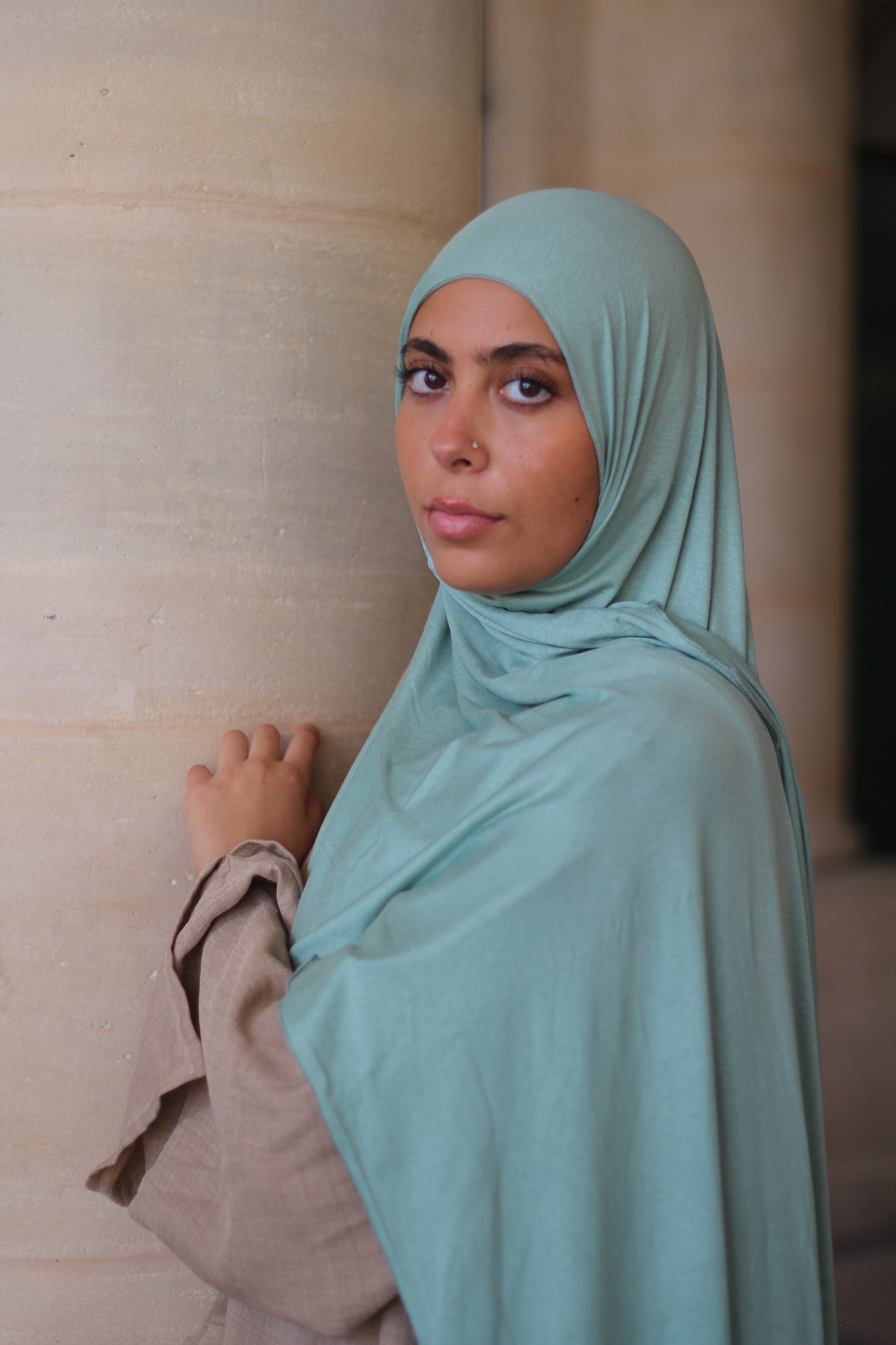 Hijab vert d'eau d’été en jersey, modèle HijabGo tubulaire made in France, sans bonnet ni épingles